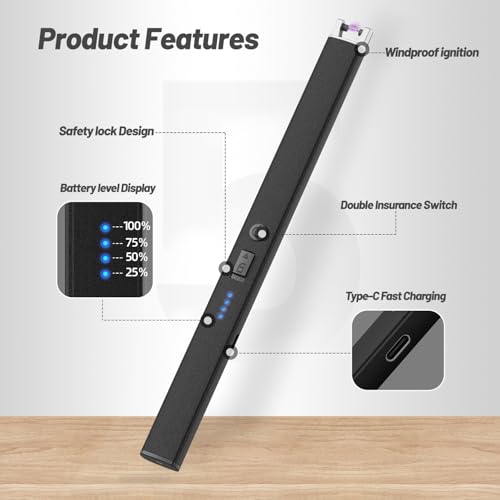 Electric Candle Lighter - Windproof with Lock & LED Display - Black
