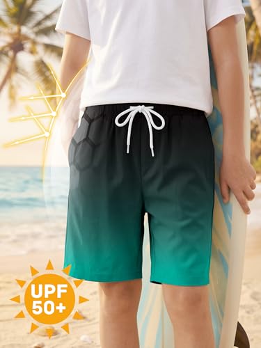 Boys Swim Trunks with Boxer Liner - Gradient Emerald, UPF 50+