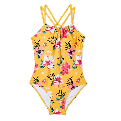 Girls One-Piece Swimsuit UPF 50 Halter Crossback - Yellow Flower 10-11Y