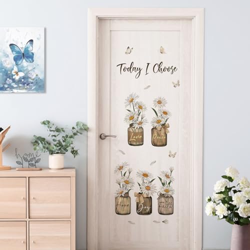 Yovkky Inspirational Quote Daisy Flower Wall Decals Stickers, Positive Today I Choose Love Joy Hope Peace Faith Home Bedroom Decor, Floral Mason Jar Butterfly Living Room Kitchen Decorations Art