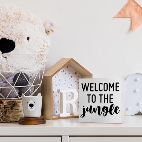 Nursery Table Decor, Baby Children's Kids Bedroom Desk Decoration for Playroom, Welcome to The Jungle Wooden Box Sign, White