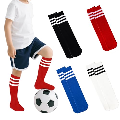 LPMOERA Toddler Soccer Socks 4 Pairs, Knee High Athletic Socks for Boys & Girls, 1-4T, Black/White/Blue/Red