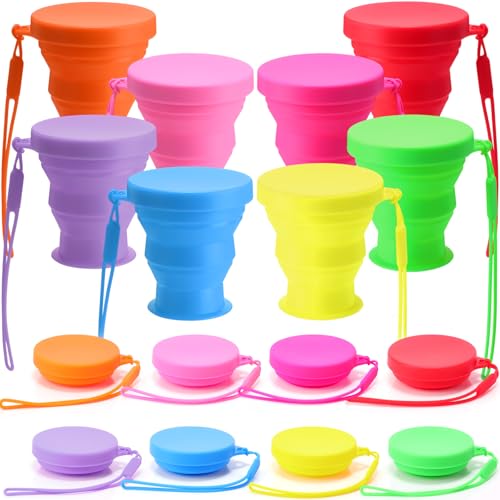Funnymoom 8-Pack Collapsible Silicone Travel Cups with Lids - Rainbow Colors, 7 oz