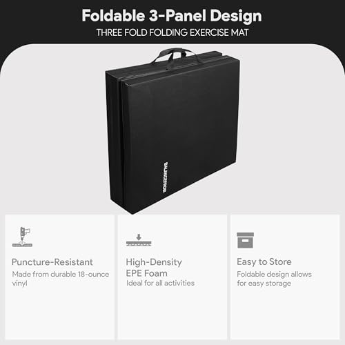 3-Panel Folding Gymnastics Mat - 6x2 Feet, 1.5-Inch Thick - Black