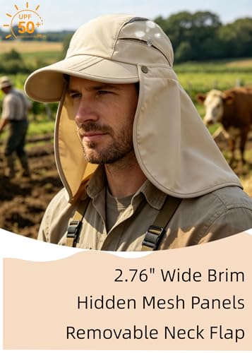 Large Khaki Men Women Safari Fishing Sun Hat with Removable Neck Flap UPF 50+ UV Protection, Quick Dry Breathable