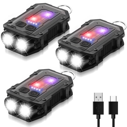 3 Pcs Mini EDC Flashlight Rechargeable Small Keychain Flashlight with White Red Blue Light, 800 High Lumens Pocket USB C LED COB Portable Flash Lights with Clip and Magnet, 8 Modes