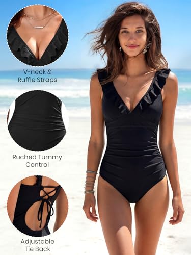 Women's V Neck Tummy Control One Piece Swimsuit