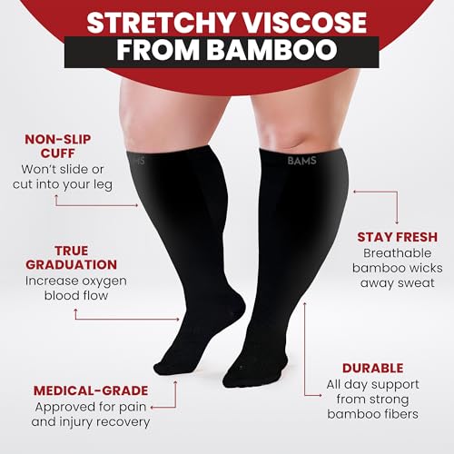 BAMS Plus Size Compression Socks Wide Calf XL 3X-Large Black Graduated Knee-High Support Bamboo Viscoose