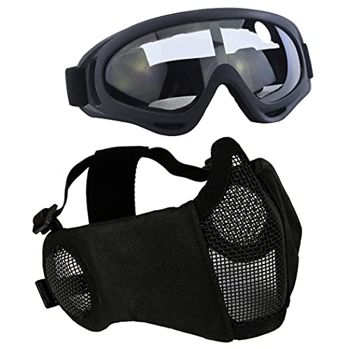 Airsoft Protective Gear Set - Half Face Mesh Mask & Goggles - Black
