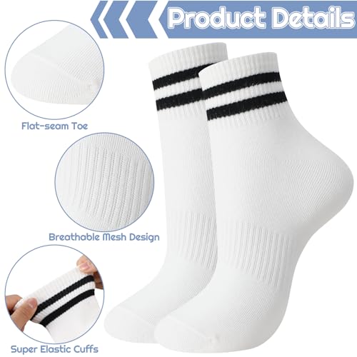 Women's White Crew Socks 6 Pairs - Casual Striped Trim, Breathable Cotton Blend, One Size