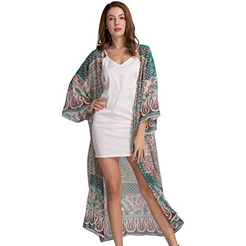 Zoye Chen Women's Coffee Floral Print Loose Kimono Cardigan Cover Up