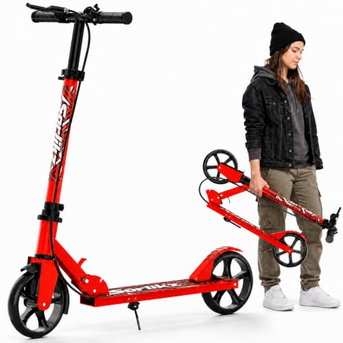 Red Kid's 8-12 & Adult Foldable Kick Scooter with Adjustable Height & Safety Bell