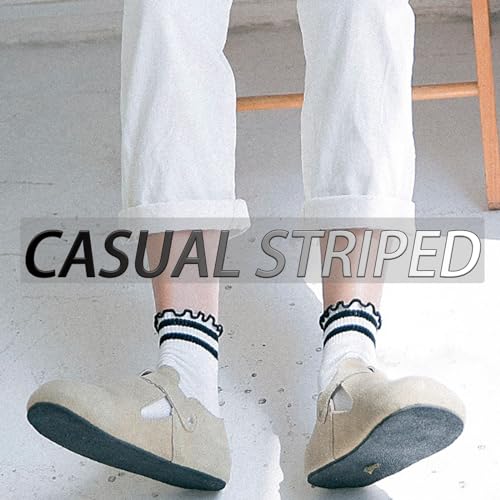 CHUNFO White Stripe Ribbed Frilly Socks 4Pack Women's Crew Socks US 5-9, One Size