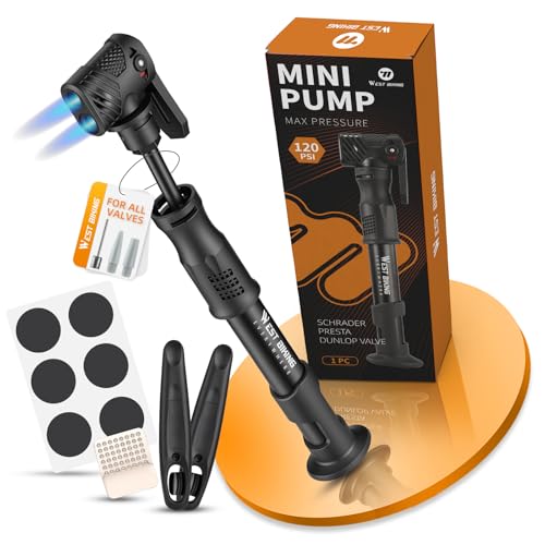 West Biking Mini Bicycle Pump - Aluminum Alloy, 120 PSI, 3-Valve, Black
