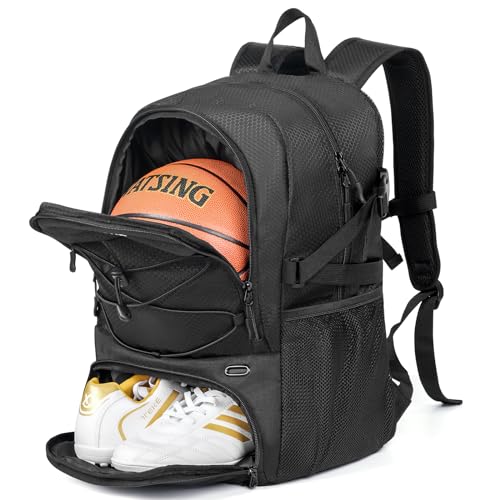 Grandup Basketball Backpack Black Honeycomb with Ball & Shoe Compartments, 28L Sports Bag