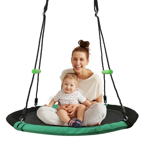 YSEJOMP 40 Inch Diameter Round Oxford Tree Saucer Swing with Handrails - Black and Dark Green