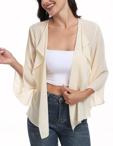 Open Front Chiffon Bolero Shrug Kimono Cardigan - Large Off Yellow