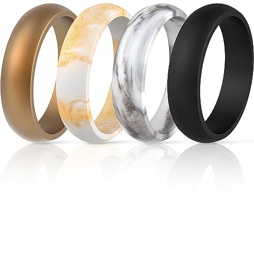 Silicone Wedding Bands for Women - Dome Anniversary Rings, 5.5mm Wide, Pack G: Charcoal Black, Metallic Mocha Bronze, White & Gold Marble