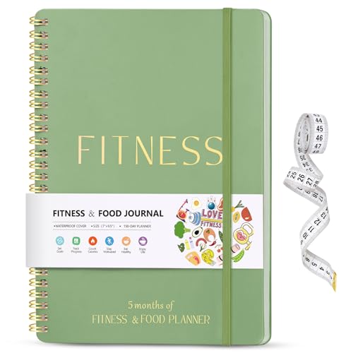 Dapsang Green Fitness Journal for Women & Men, Undated Workout & Nutrition Planner with Measuring Tape, 9.5x7 inches