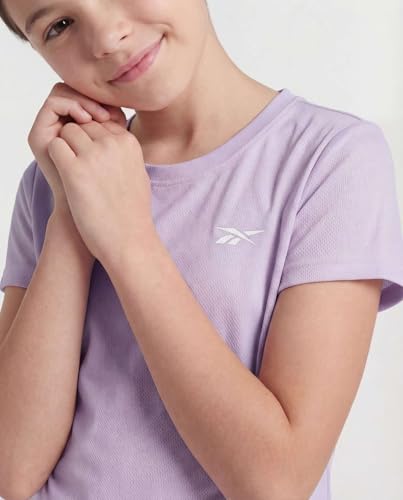 Reebok Girls' Mesh T Shirt 4 Pack - Athletic Tops for Kids & Teens, Solid Black, Plum, Orchid, White