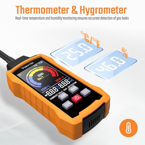 Natural Gas Leak Detector, Veevvio Gas Detector with Audible & Visual Alarm, Gas Sniffer with 11-Inch Gooseneck to Locate Combustible Sources Like Propane Methane for Home and RV (Includes Battery x6)