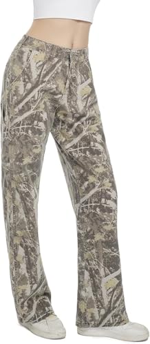 PinkyMoor Women Camouflage Cargo Pants XX-Large, Green – Straight Wide Leg Trousers with Pockets