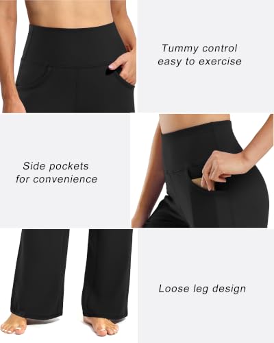 Promover Wide Leg Yoga Pants for Women with Pockets, Stretch, Regular-Height (5'4.5"-5'7") - Black