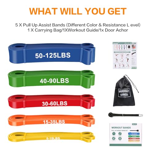 Qultivo Resistance Bands Set with Pull-Up Assistance - Blue, Green, Red, Orange, Yellow