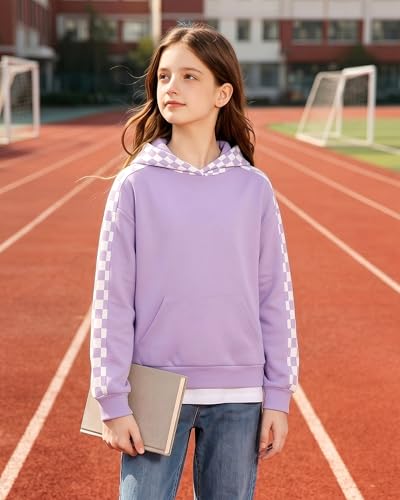 Girls Checkered Hoodie for Ages 4-12, Long Sleeve Pullover, Purple, 7-8 Years