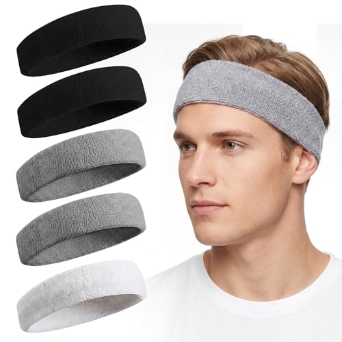 5-Pack Sweatbands - Terry Cotton Headbands for Running, Gym - 2 Black, 2 Gray, 1 White