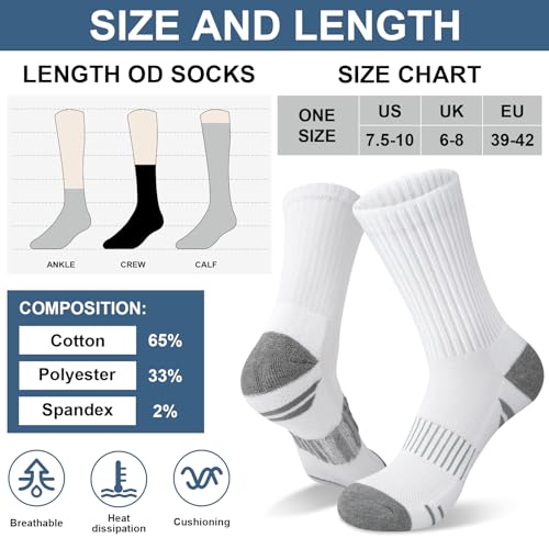 Compression Crew Socks for Women - 6 Pairs, Hiking & Running - White Gray