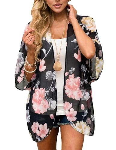 Casual Floral Black Chiffon Kimono Cover Up - Medium