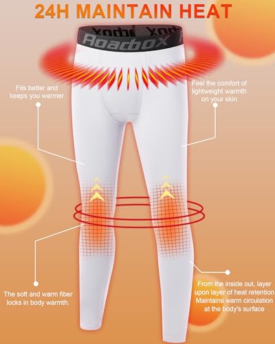 Youth Boys' Thermal Compression Pants - Fleece Lined Base Layer Leggings - White, Medium