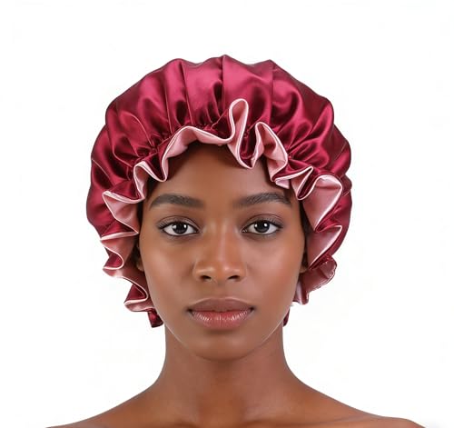 Double Layer Satin Sleep Bonnet with Wide Elastic Band - Red