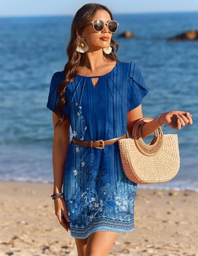 Petal Short Sleeve Swimsuit Coverup Dress - Blue Floral, Large