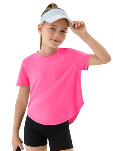 Girls Athletic Shirts - Short Sleeve Active Sports Top, 7-8 Years / Pink
