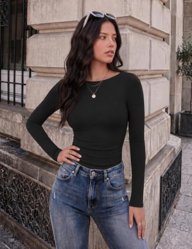 Womens Long Sleeve Thermal Tops - Boat Neck Ruched Shirts - Small, Black