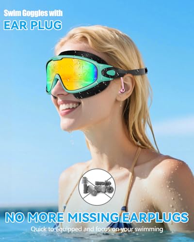 Adult Wide View Swim Goggles Anti-Fog UV No Leak with Ear Plugs Blue Bright Rose & Green Aqua