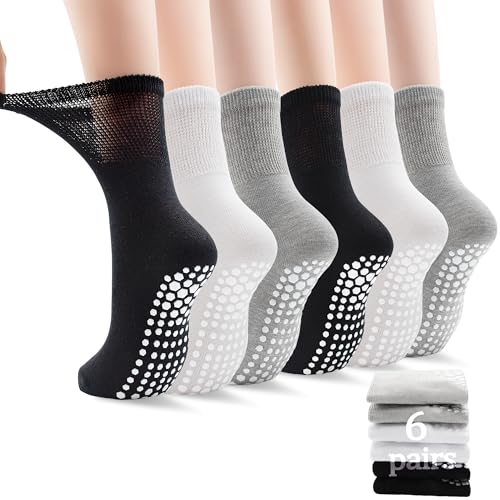 Non-Slip Pilates Grip Socks for Women - 6 Pack (2 Black, 2 White, 2 Light Grey)