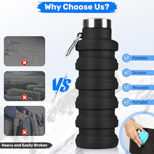 16oz Collapsible Silicone Water Bottle - Black, Leak-Proof
