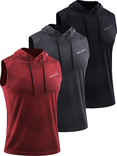Neleus Men's Workout Tank Tops 3 Pack - Sleeveless Running Shirts with Hoodie, Large, Black/Grey/Red