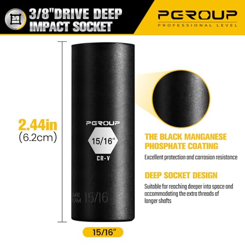 3/8¡± Drive Deep Impact Socket, SAE(15/16 Inch socket), 6-Point, Cr-V Steel With Black Manganese Phosphate Coating
