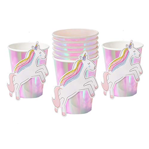 Unicorn Paper Party Cups - Set of 10 Iridescent 9oz Cups with Glitter Stick-On Unicorns - Unicorn