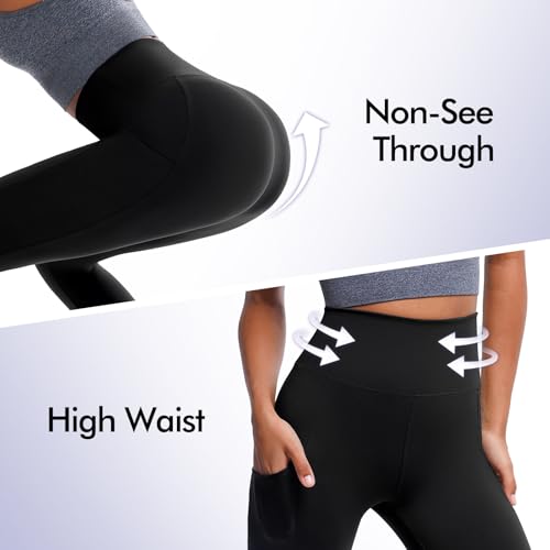High Waisted Leggings for Women - Full Length 2 Pockets - Black - Large/X-Large