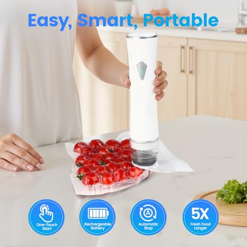 White Handheld Vacuum Sealer with Visible Tank, Portable Food Saver, 30 Reusable Bags
