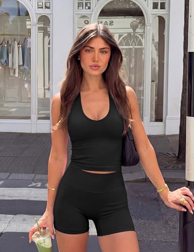 Niipty Women's Black 2-Piece Workout Set with Deep V Neck Top & High Waist Shorts