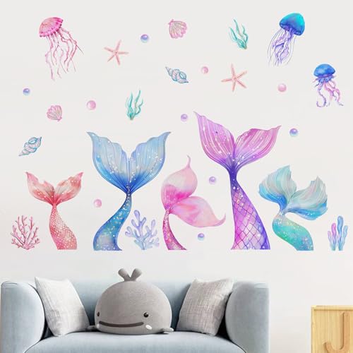Yovkky Girls Mermaid Tail Wall Decals Stickers, Under The Sea Ocean Jellyfish Pearl Toddler Baby Nursery Decor, Beach Coastal Conch Coral Starfish Home Decorations Kids Bedroom Playroom Art