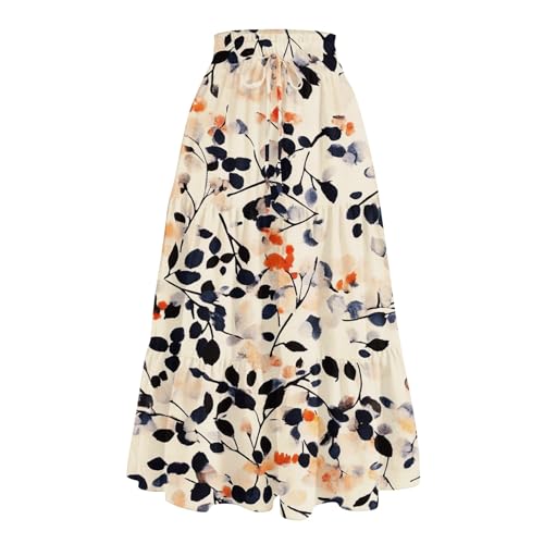 Womens Boho Floral Print Midi Skirt - Pleated A-Line - Beige Small
