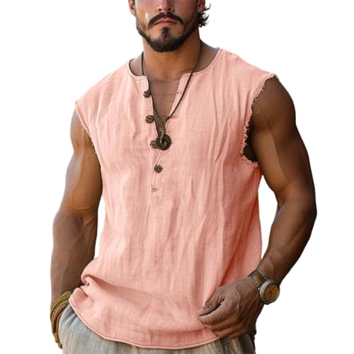 Men's Vintage Tank Top - Lightweight Sleeveless Henley Shirt - Pink / Large