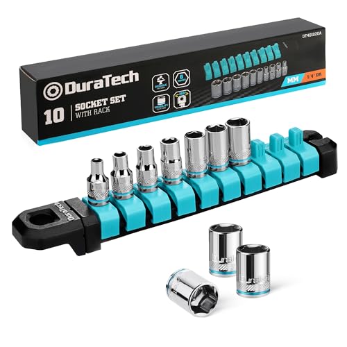 DURATECH 1/4" Drive Socket Set, Metric Socket Set 10PCS, Mechanic Metric Socket Sets with Storage Rack, 6-Point Shallow Socket Set, 4mm, 5mm, 6mm, 7mm, 8mm, 9mm, 10mm, 11mm, 12mm, 13mm
